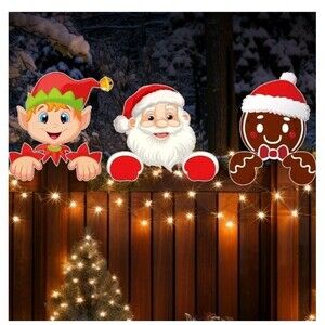 Sawysine 3 Pcs Christmas Fence Peeker Decor with Light Santa Snowman Elk...